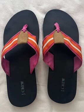 J. Crew Striped Flip Flops Grosgrain Ribbon Pink Orange Navy Bright Size 8